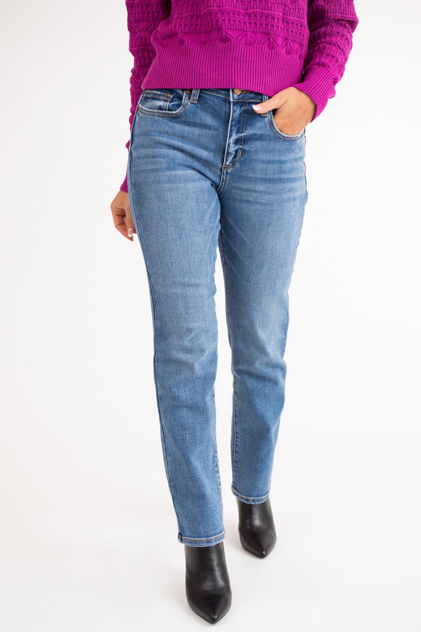 Medium Wash Mid Rise Straight Leg Jeans