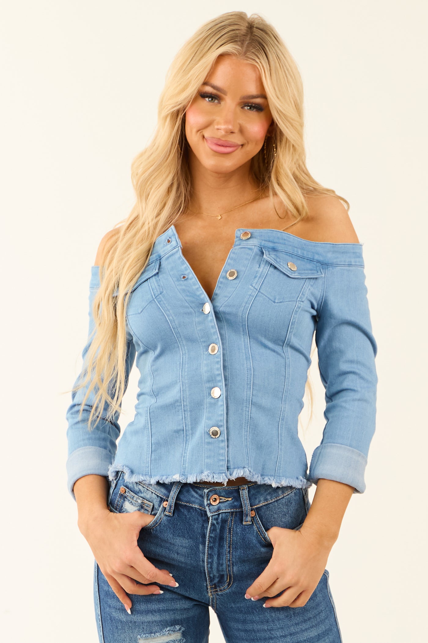 Medium Wash Off Shoulder Distressed Hem Denim Top