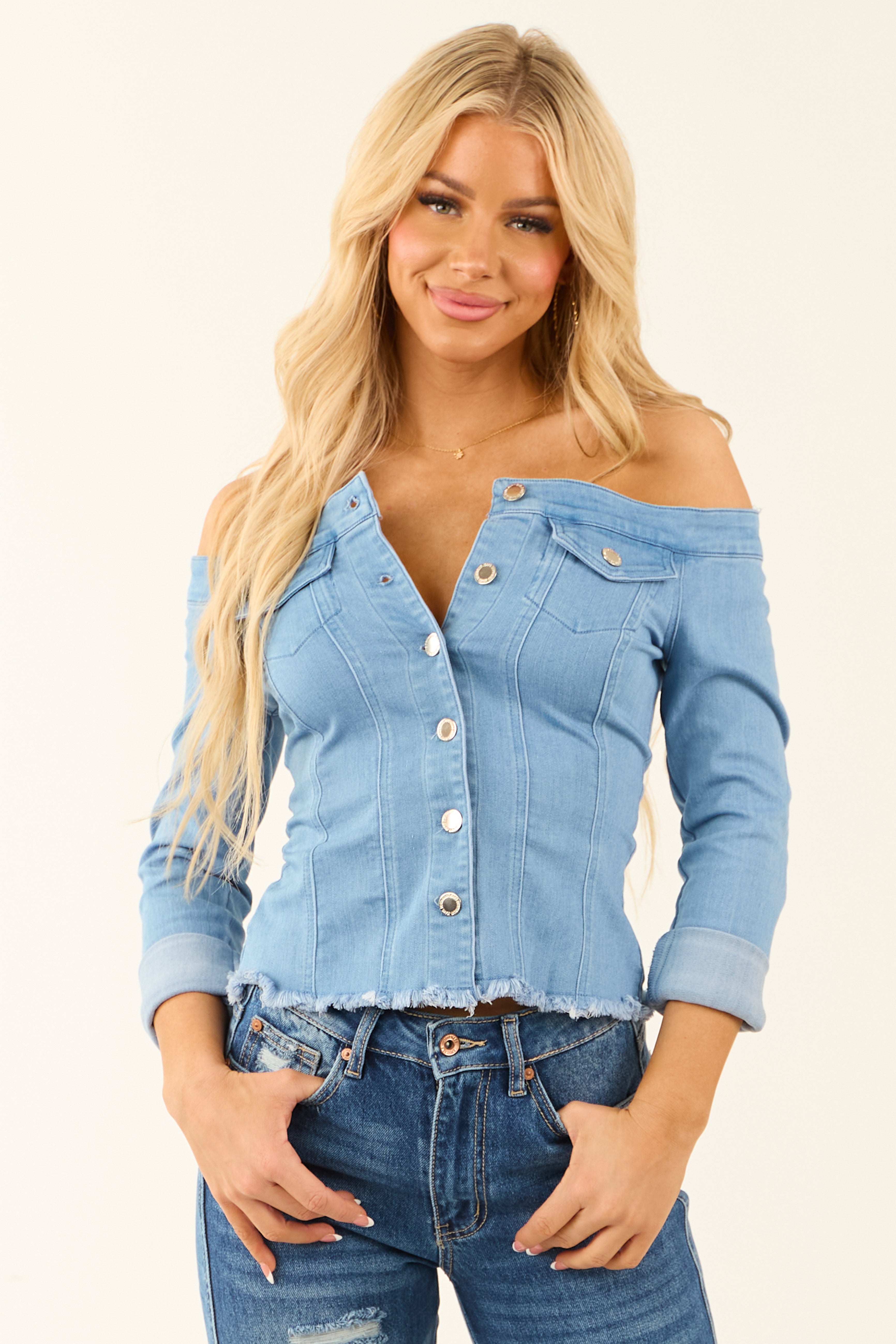 Medium Wash Off Shoulder Distressed Hem Denim Top