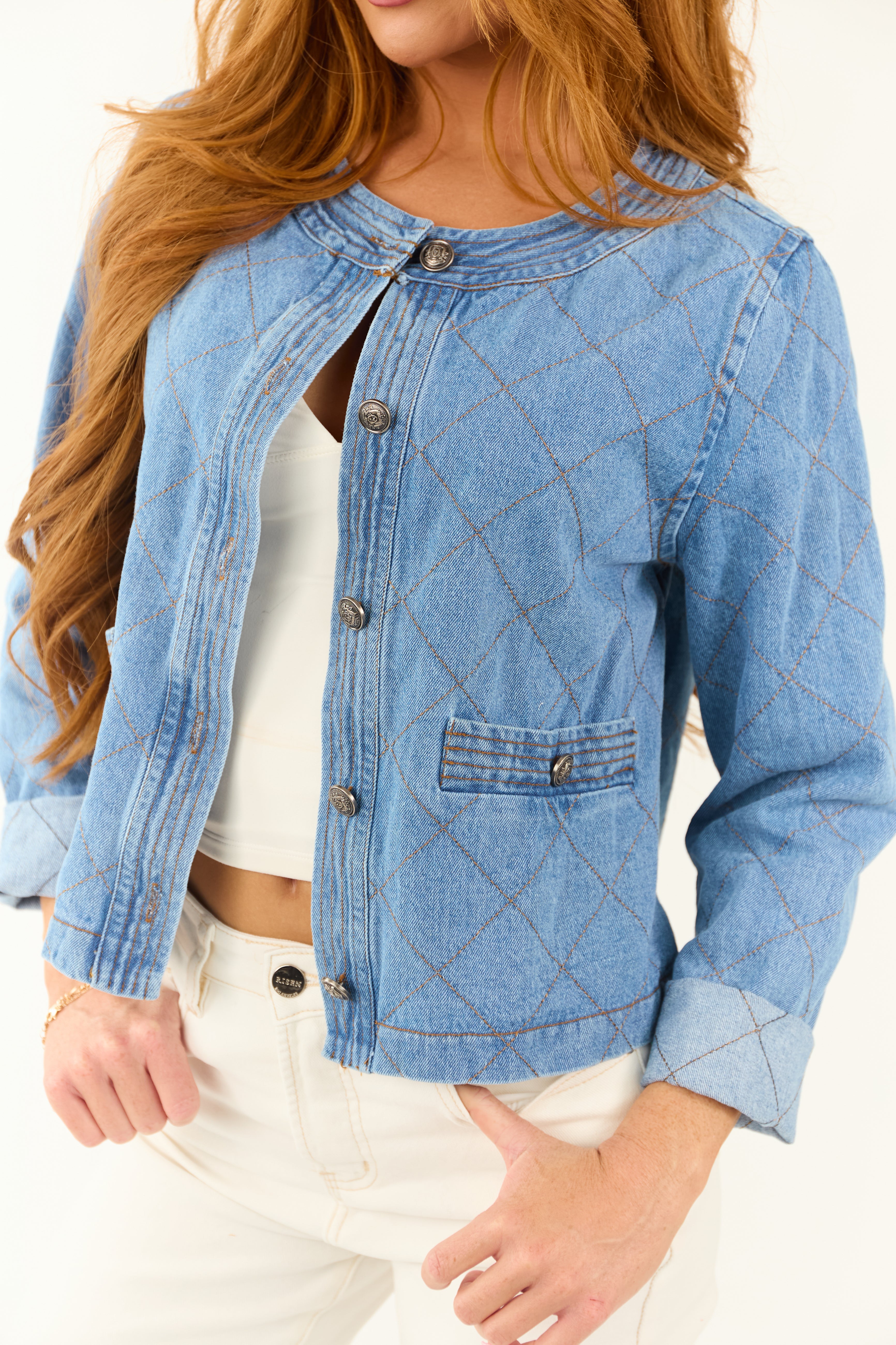 Medium Wash Quilted Denim Button Up Jacket