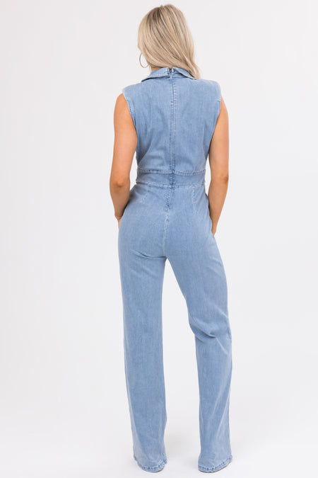 Medium Wash Sleeveless Denim Jumpsuit