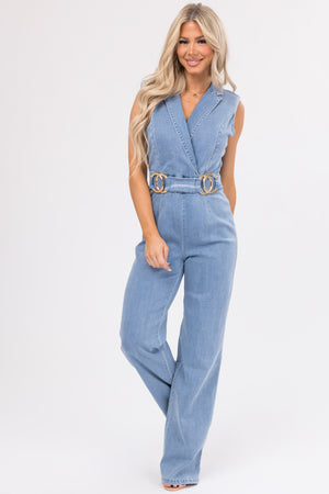 Medium Wash Sleeveless Denim Jumpsuit