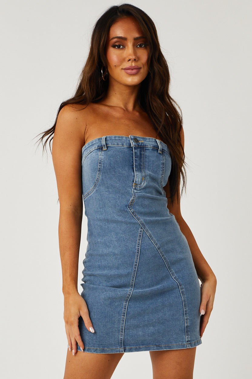 Medium Wash Strapless Denim Zip Up Mini Dress