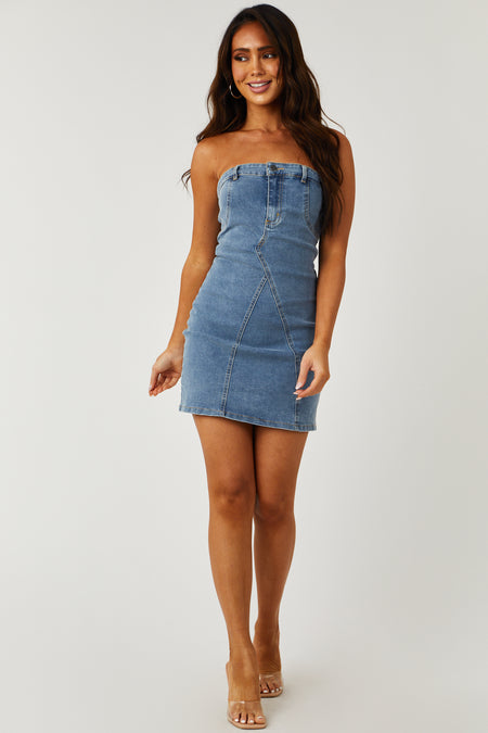 Medium Wash Strapless Denim Zip Up Mini Dress