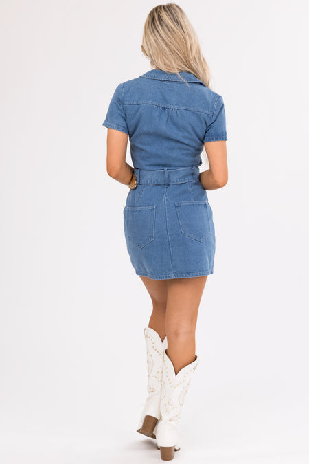 Medium Wash Zip Up Denim Dress with Western Belt