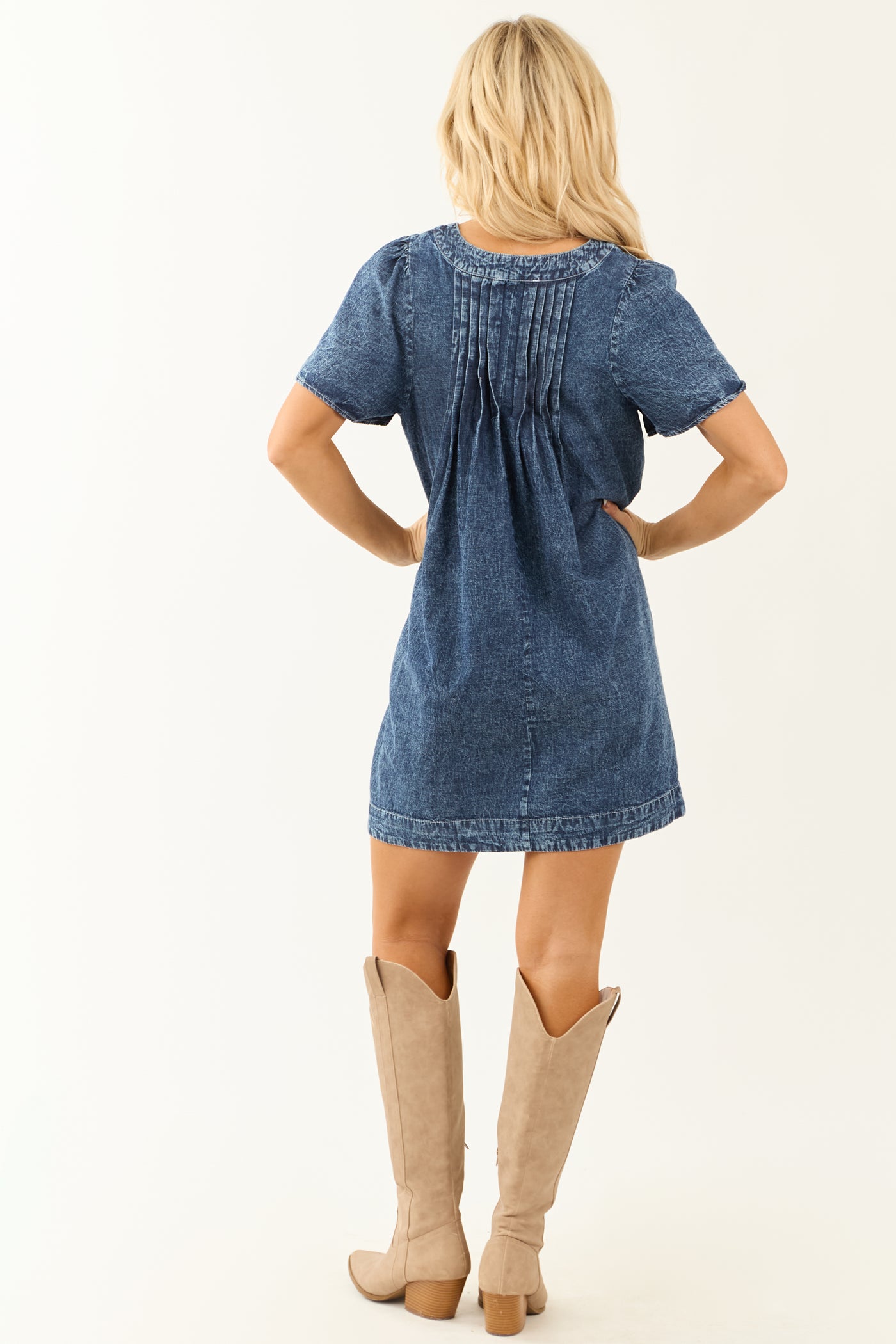 Medium Washed Denim Pleated Bust Short Dress