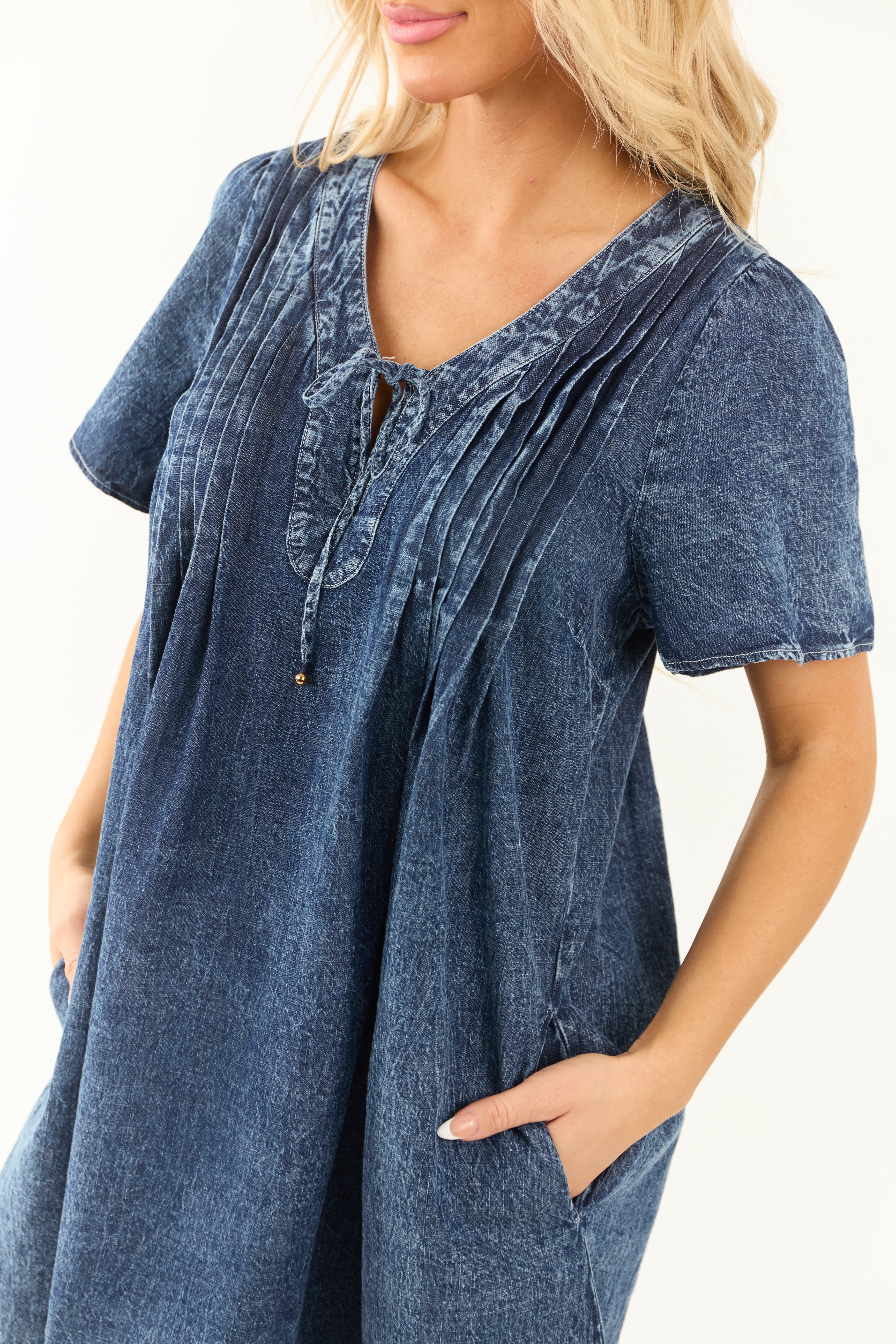 Medium Washed Denim Pleated Bust Short Dress