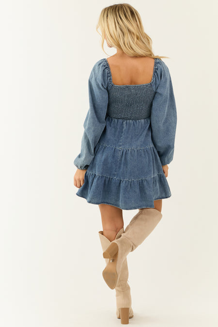 Medium Washed Denim Smocked Bodice Tiered Short Dress