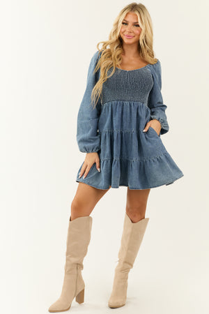 Medium Washed Denim Smocked Bodice Tiered Short Dress