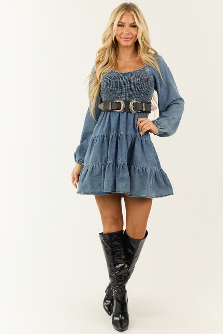 Medium Washed Denim Smocked Bodice Tiered Short Dress