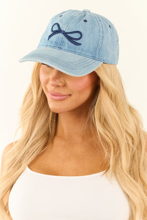 Medium Wash Denim Bow Embroidered Baseball Cap