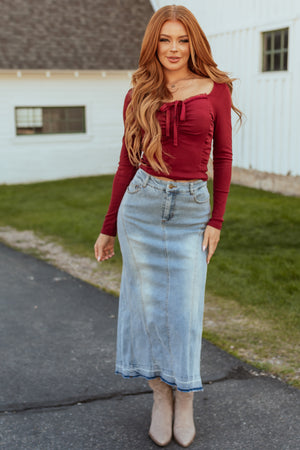 Medium Wash Denim High Low Maxi Skirt