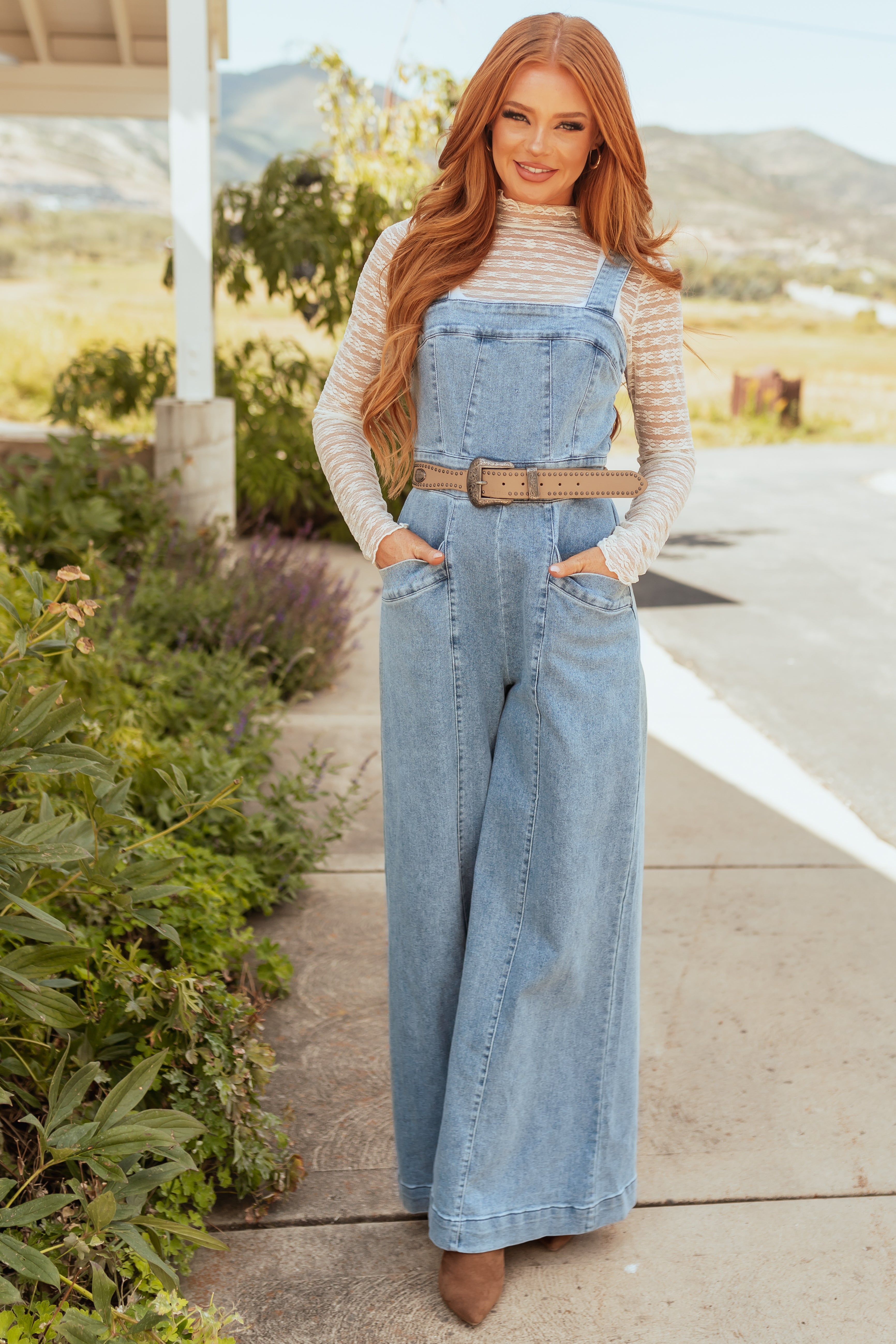 Medium Wash Denim Wide Leg Jumpsuit