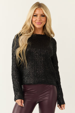 Metallic Black Crew Neck Rib Knit Sweater