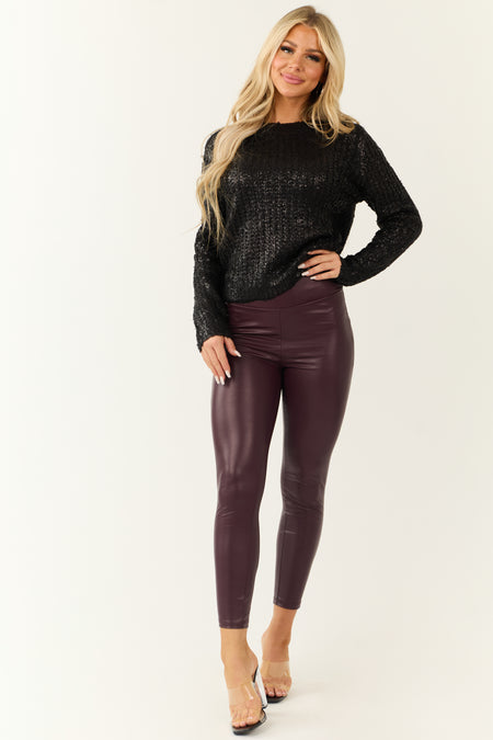 Metallic Black Crew Neck Rib Knit Sweater