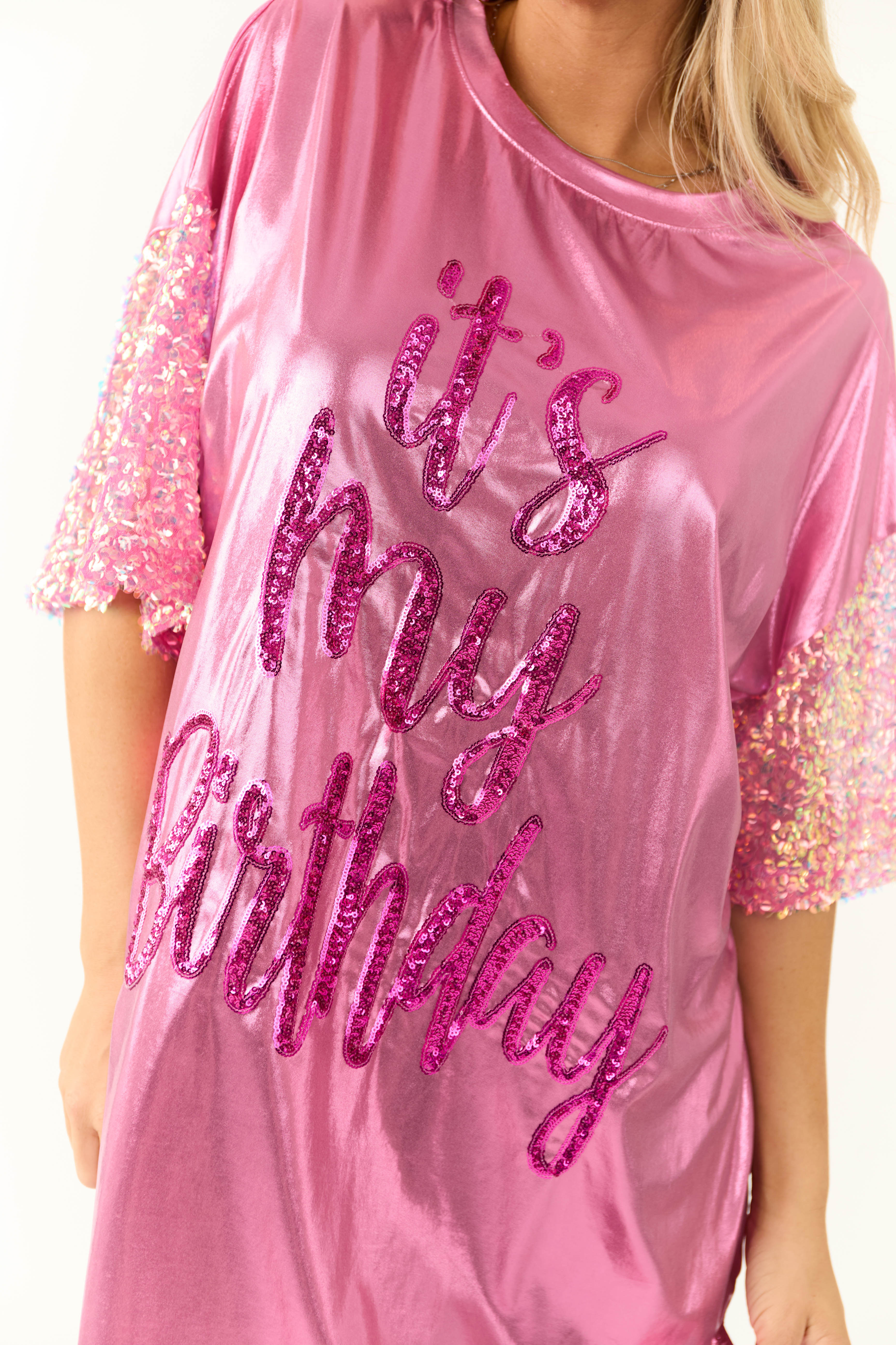 Metallic Pink 'It's My Birthday' Tee Shirt Dress