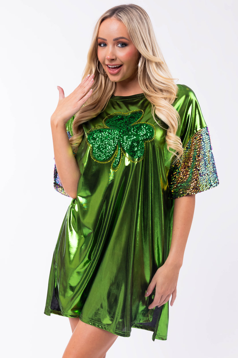 Metallic Shamrock Clover Sequin Tee Shirt Dress