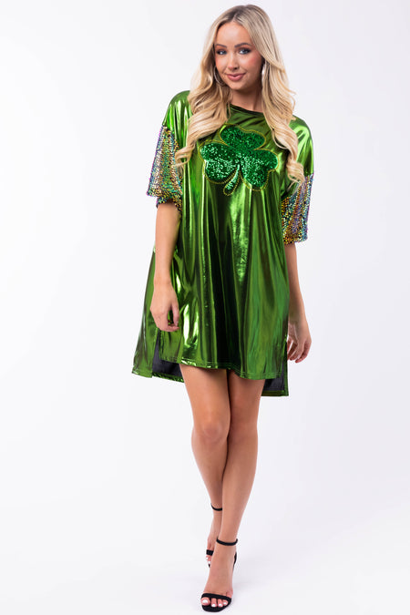 Metallic Shamrock Clover Sequin Tee Shirt Dress