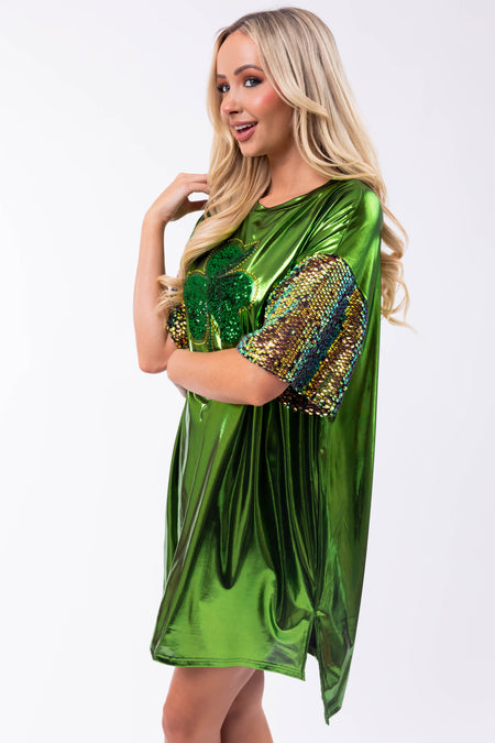 Metallic Shamrock Clover Sequin Tee Shirt Dress