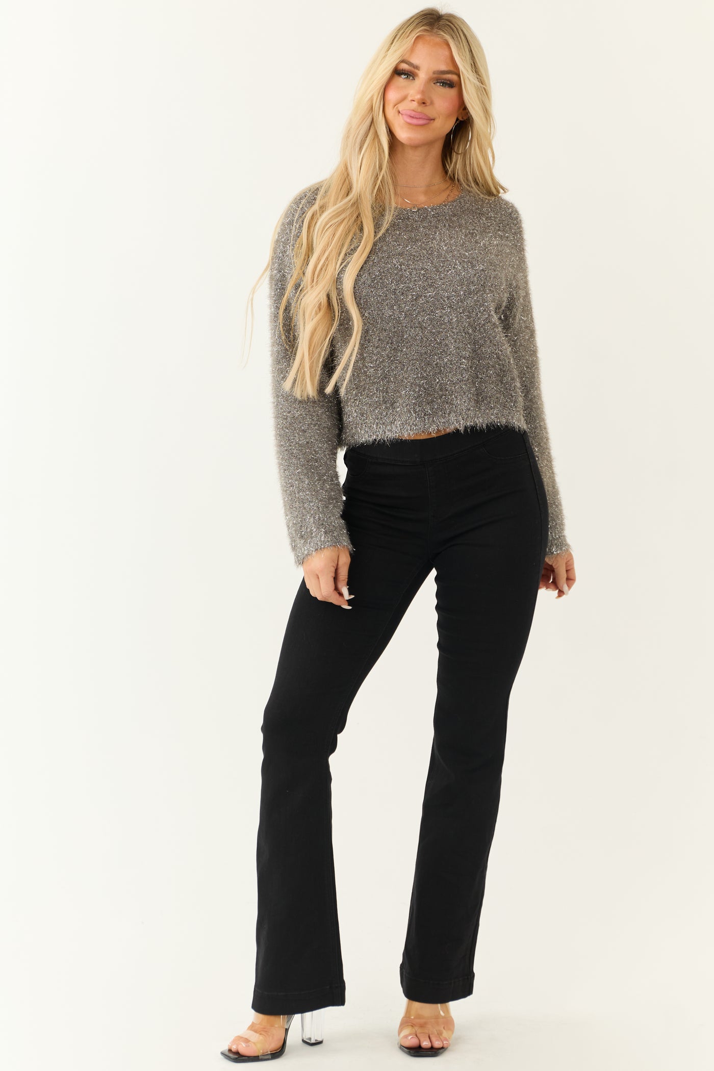 Metallic Stone Lurex Fuzzy Knit Cropped Sweater