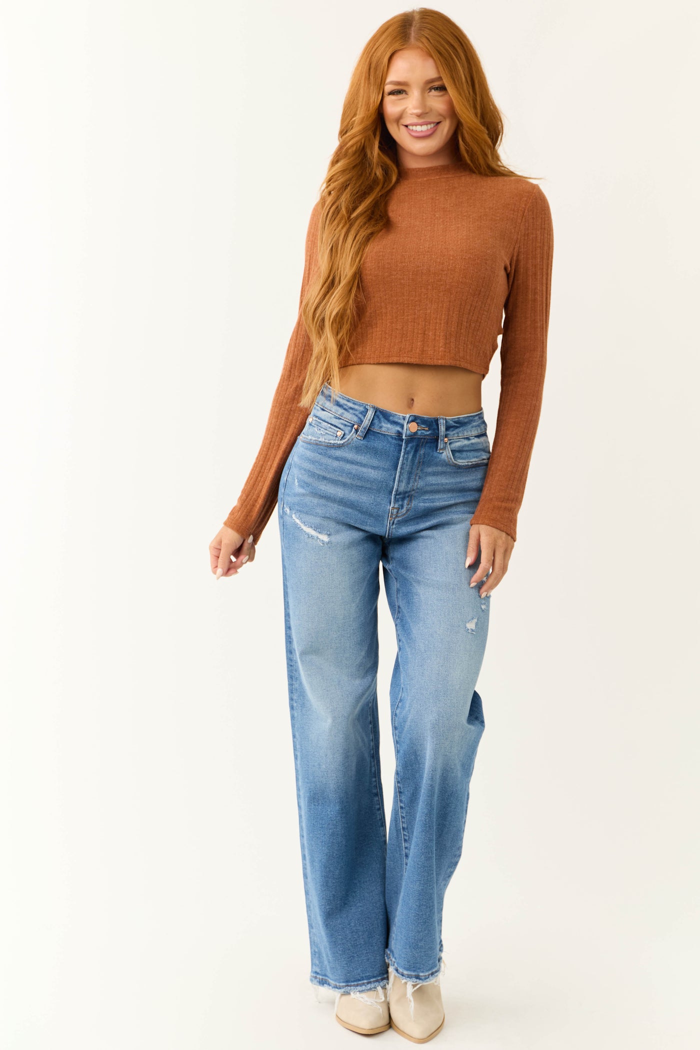 Mica Denim Medium Wash High Rise Wide Leg Distressed Jeans