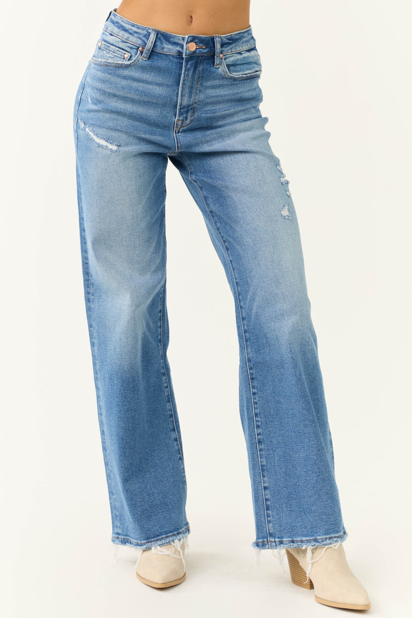 Mica Denim Medium Wash High Rise Wide Leg Distressed Jeans