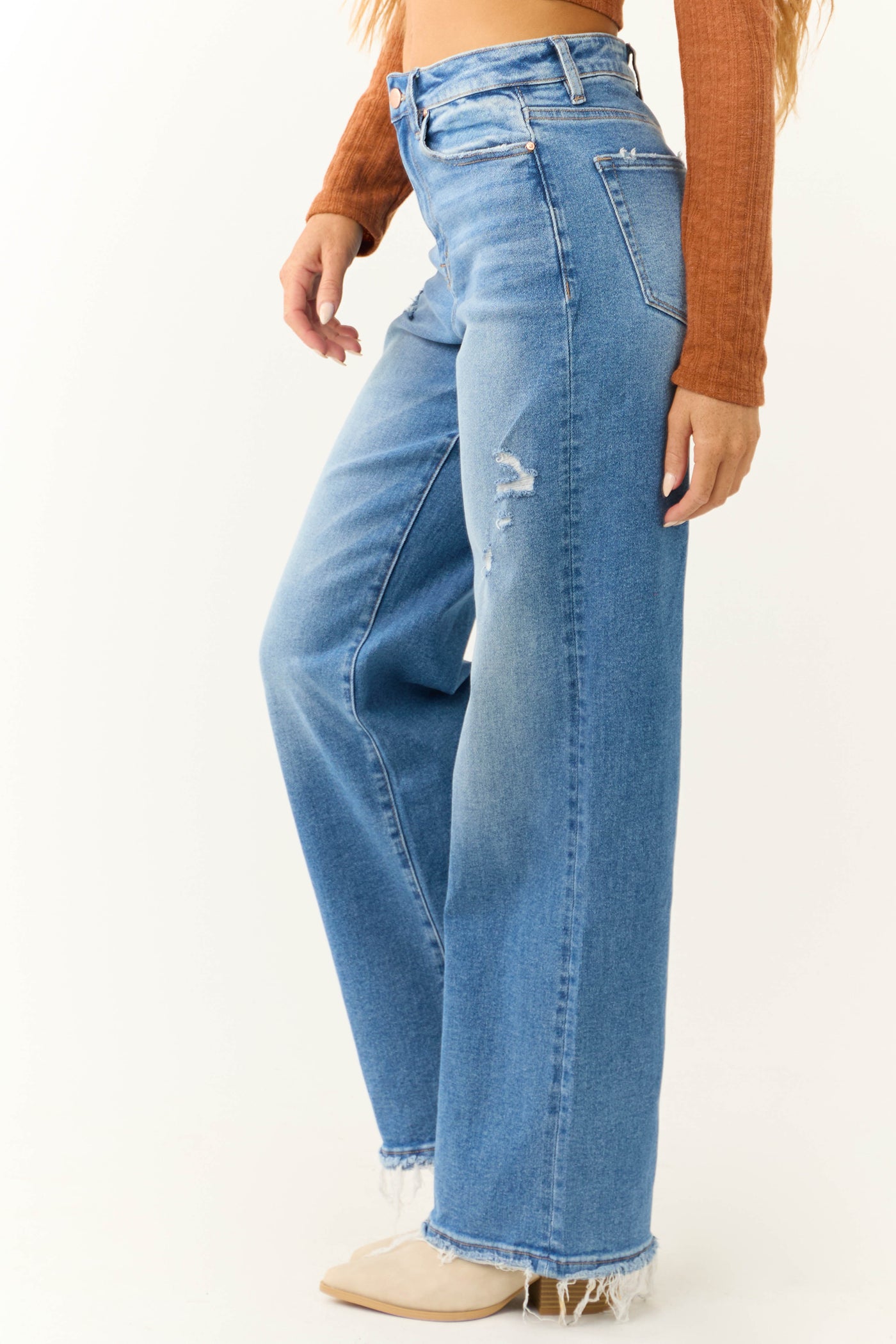 Mica Denim Medium Wash High Rise Wide Leg Distressed Jeans