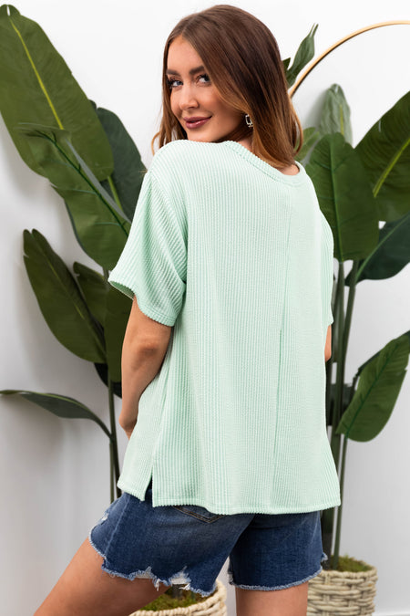 Mint Chest Pocket Wavy Ribbed Knit Top