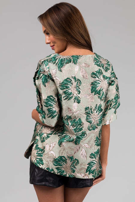 Mint Floral Print Metallic Jacquard V Neck Top