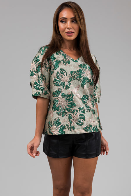 Mint Floral Print Metallic Jacquard V Neck Top