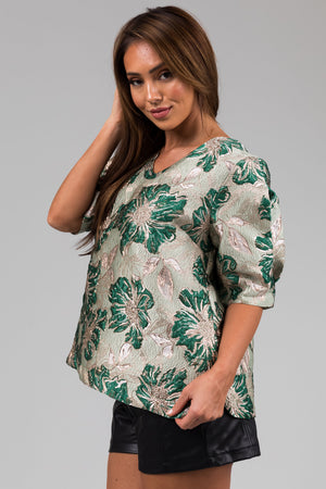 Mint Floral Print Metallic Jacquard V Neck Top