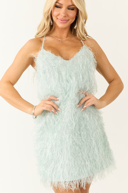 Mint Metallic Feather Textured Mini Dress