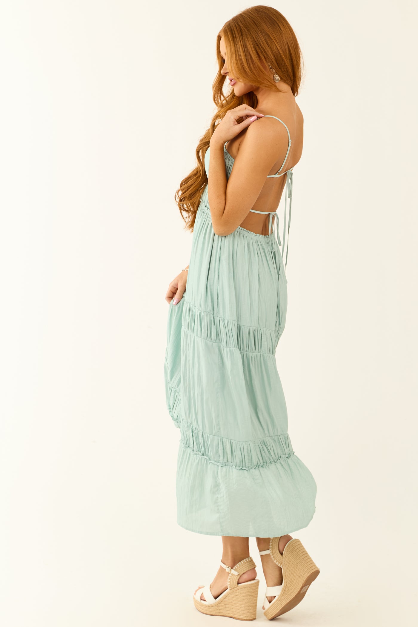 Mint Open Back Sleeveless Tiered Midi Dress