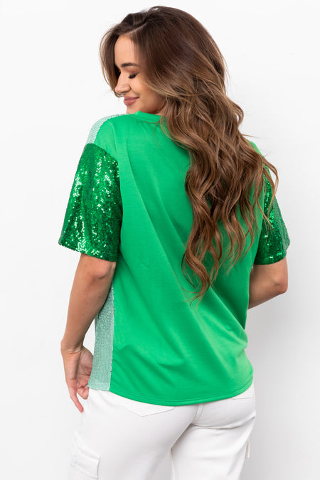 Mint Sequined Clover Graphic Half Sleeve Top