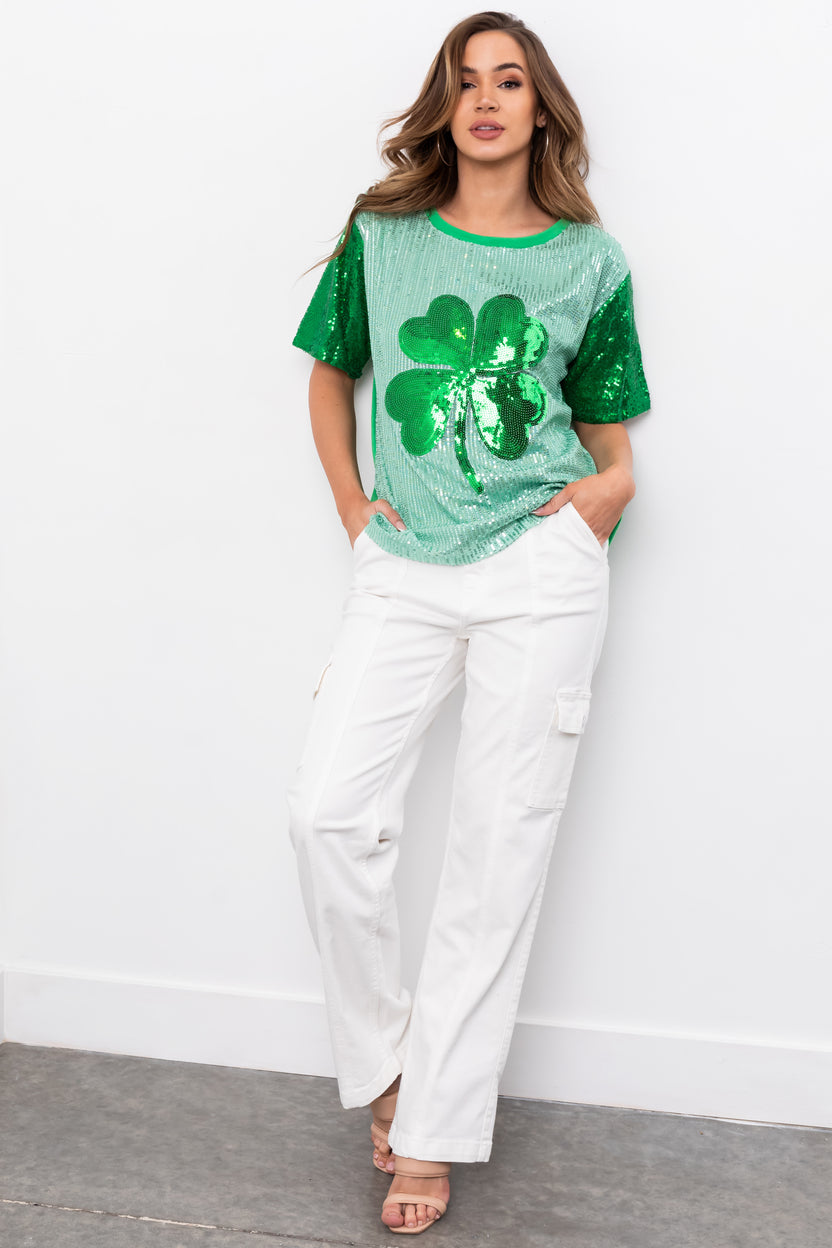 Mint Sequined Clover Graphic Half Sleeve Top