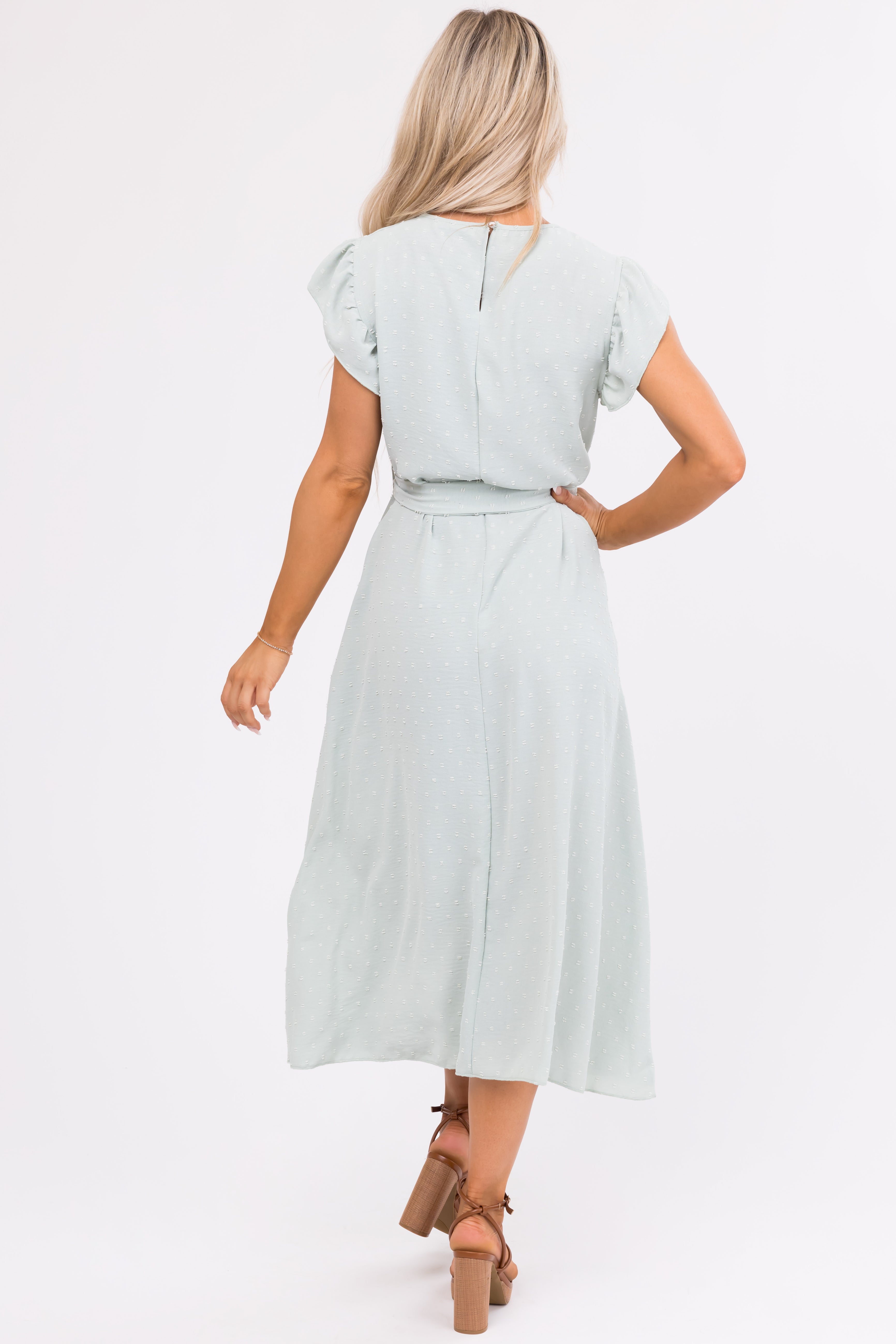 Mint Swiss Dot Short Ruffle Sleeve Midi Dress