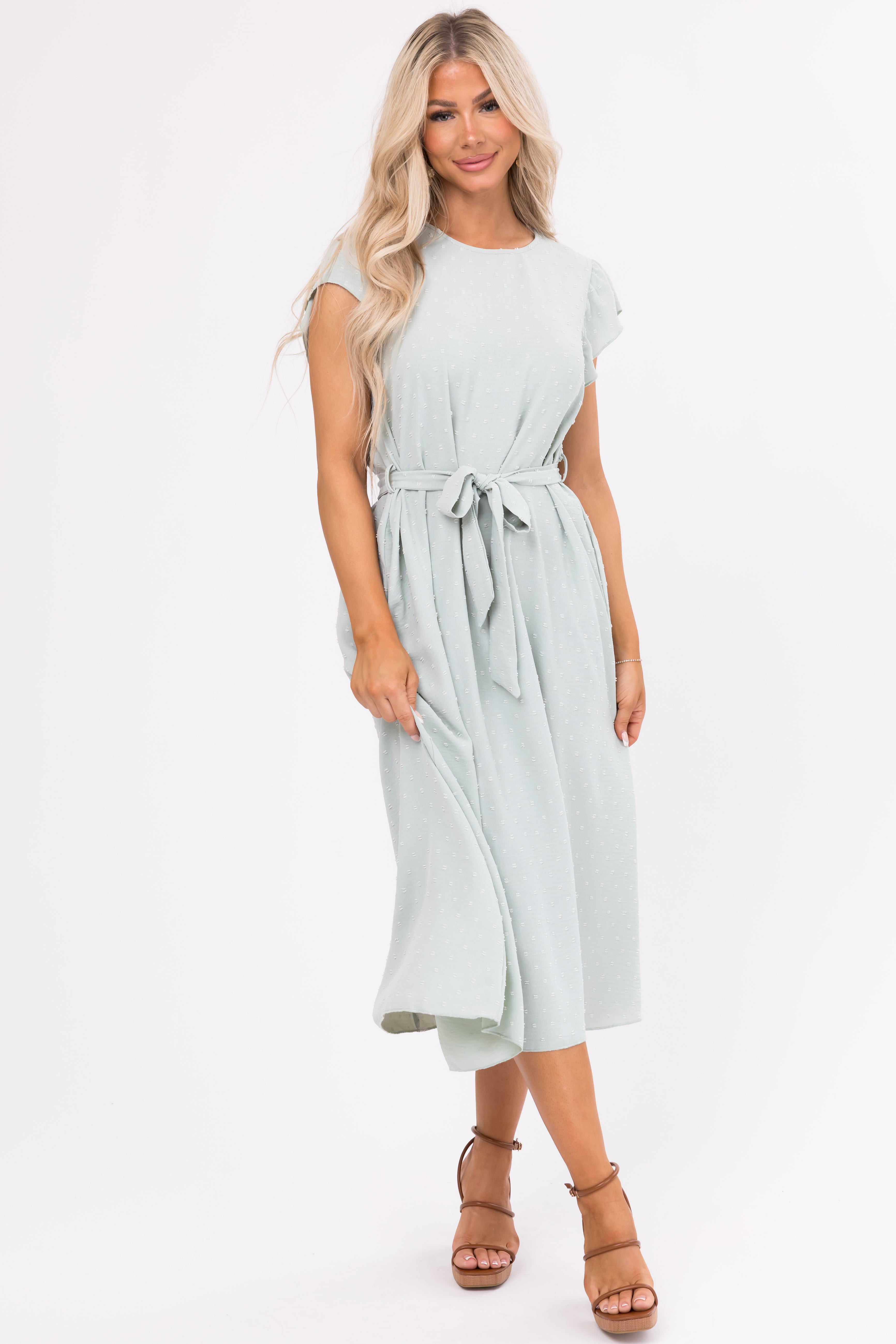 Mint Swiss Dot Short Ruffle Sleeve Midi Dress