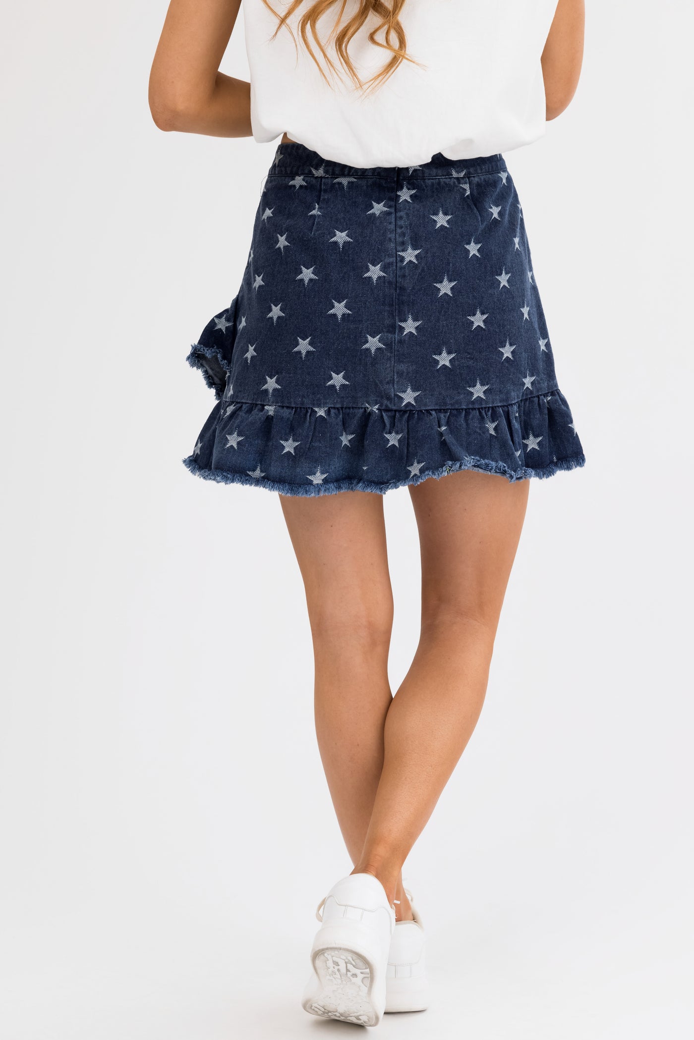 Mittoshop Dark Denim Star Print Frayed Hem Skirt