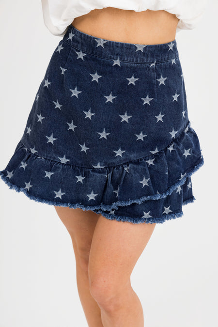 Mittoshop Dark Denim Star Print Frayed Hem Skirt