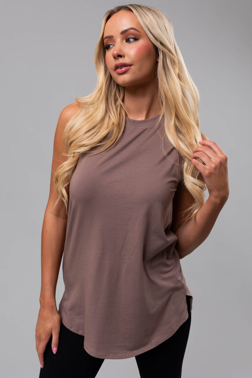 Mocha Crew Neck Flowy Knit Tank Top