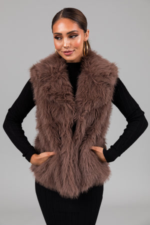 Mocha Faux Fur Collared Hook Closure Vest