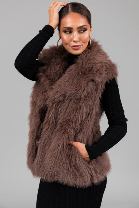 Mocha Faux Fur Collared Hook Closure Vest