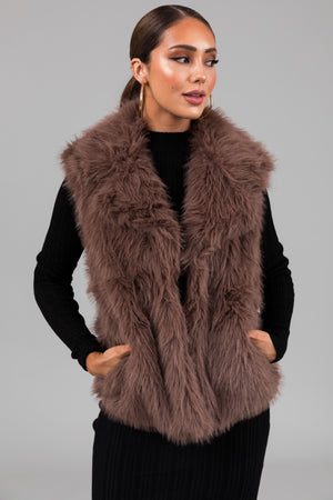 Mocha Faux Fur Collared Hook Closure Vest