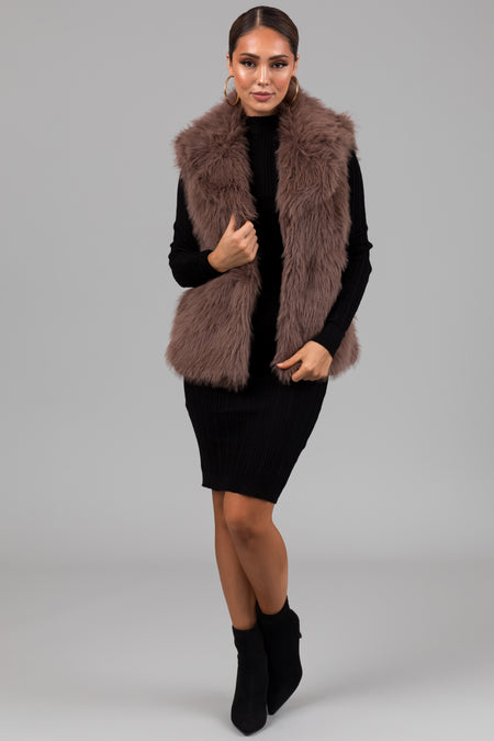 Mocha Faux Fur Collared Hook Closure Vest