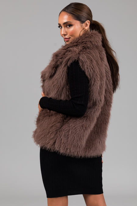 Mocha Faux Fur Collared Hook Closure Vest