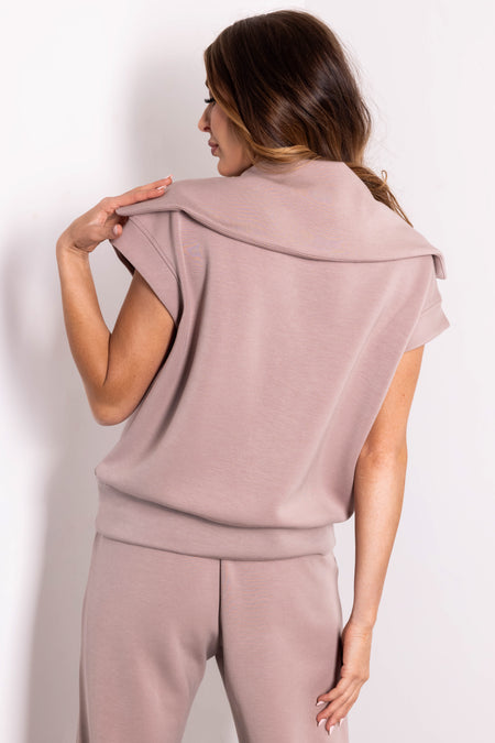 Mocha Half Zip Up Cap Sleeve Collared Soft Top