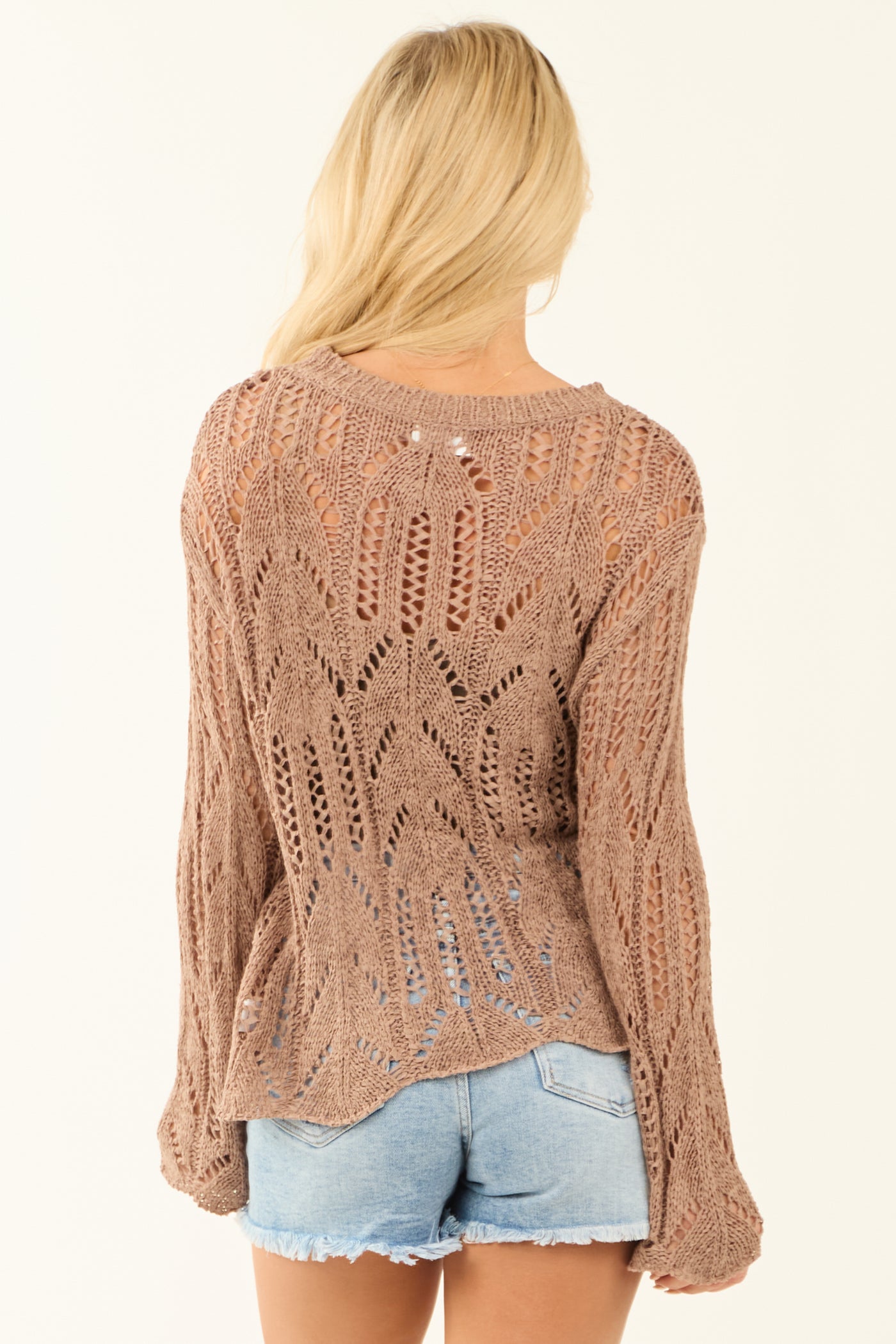 Mocha Long Sleeve Open Crochet Knit Sweater