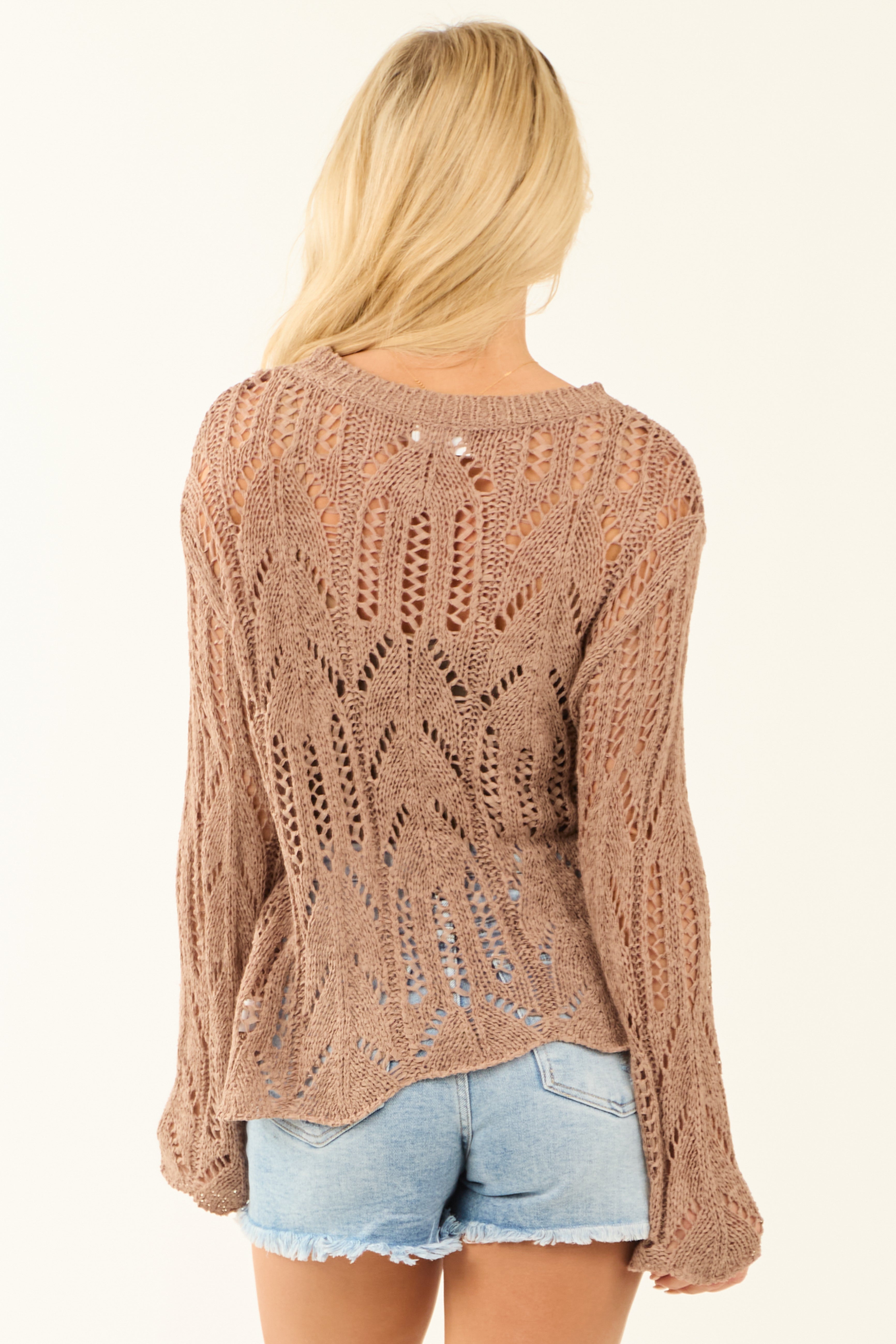 Mocha Long Sleeve Open Crochet Knit Sweater