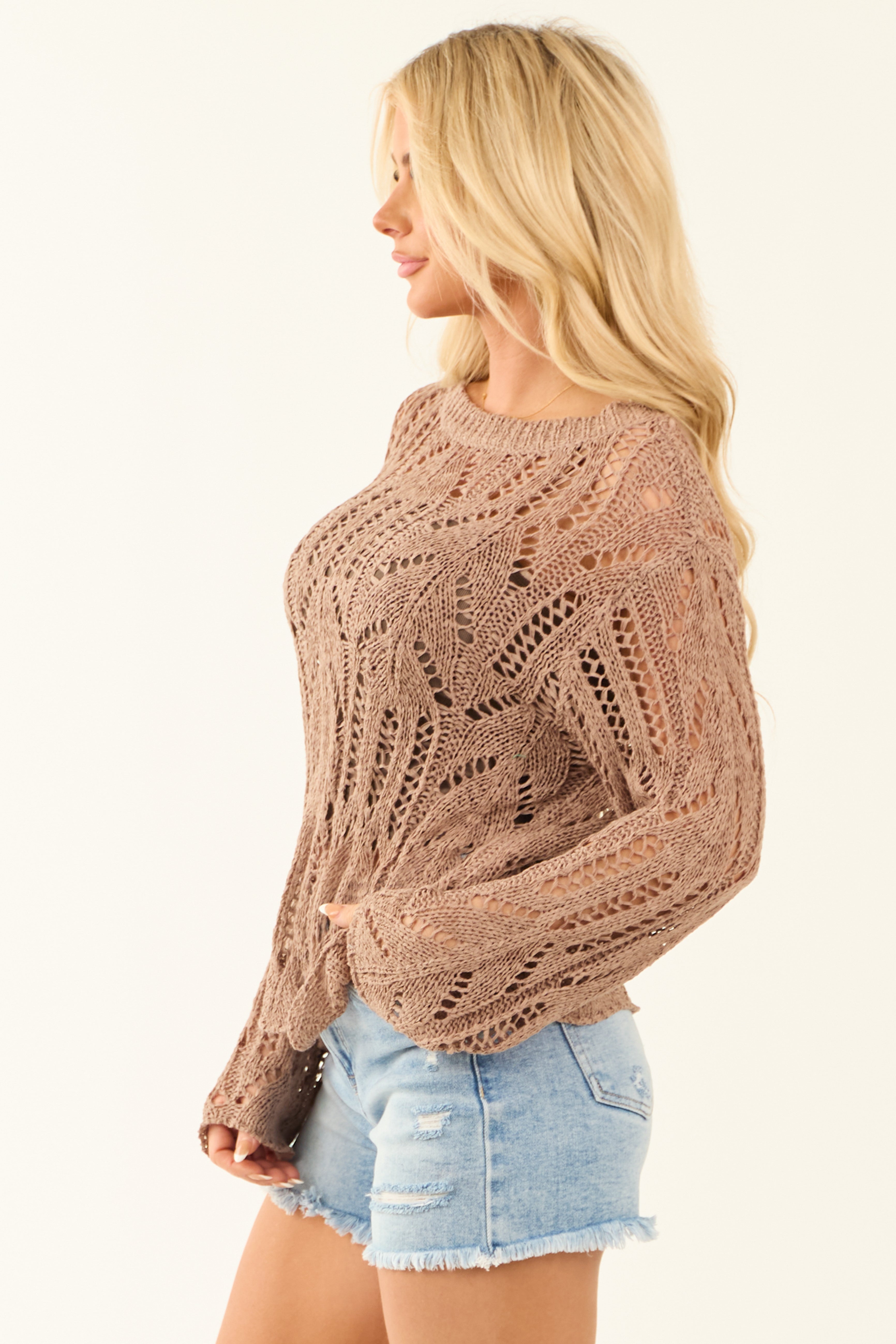 Mocha Long Sleeve Open Crochet Knit Sweater