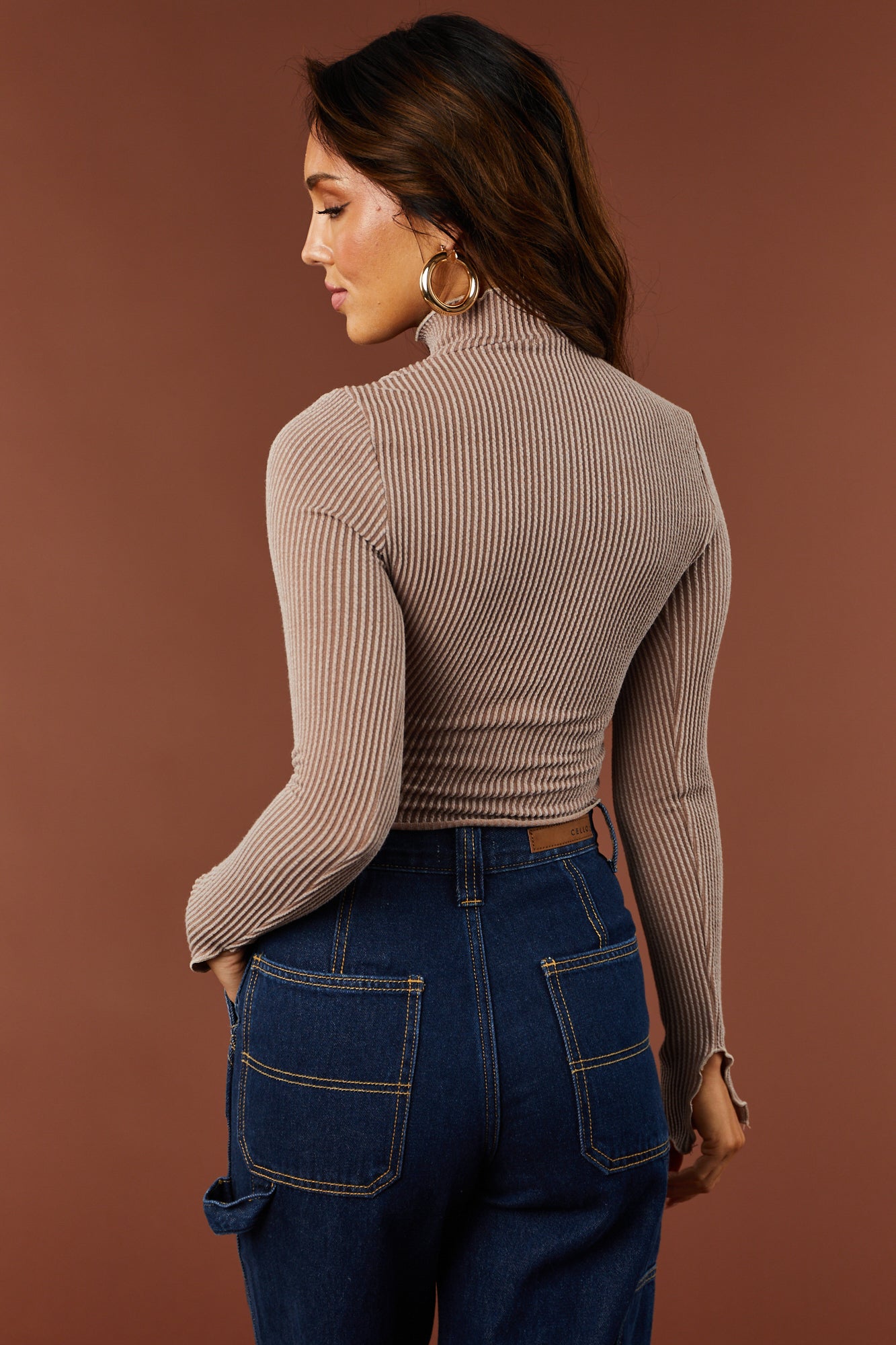 Mocha Ribbed Two Tone Lettuce Trim Crop Top